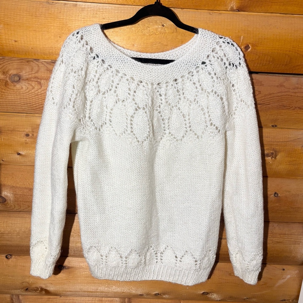 Cream Knit Lace-Yoke Sweater